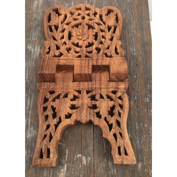 Vintage Teak Wood Book Holder Stand Hand Carved Floral Leaf Design Folding Decor - Picture 1 of 12